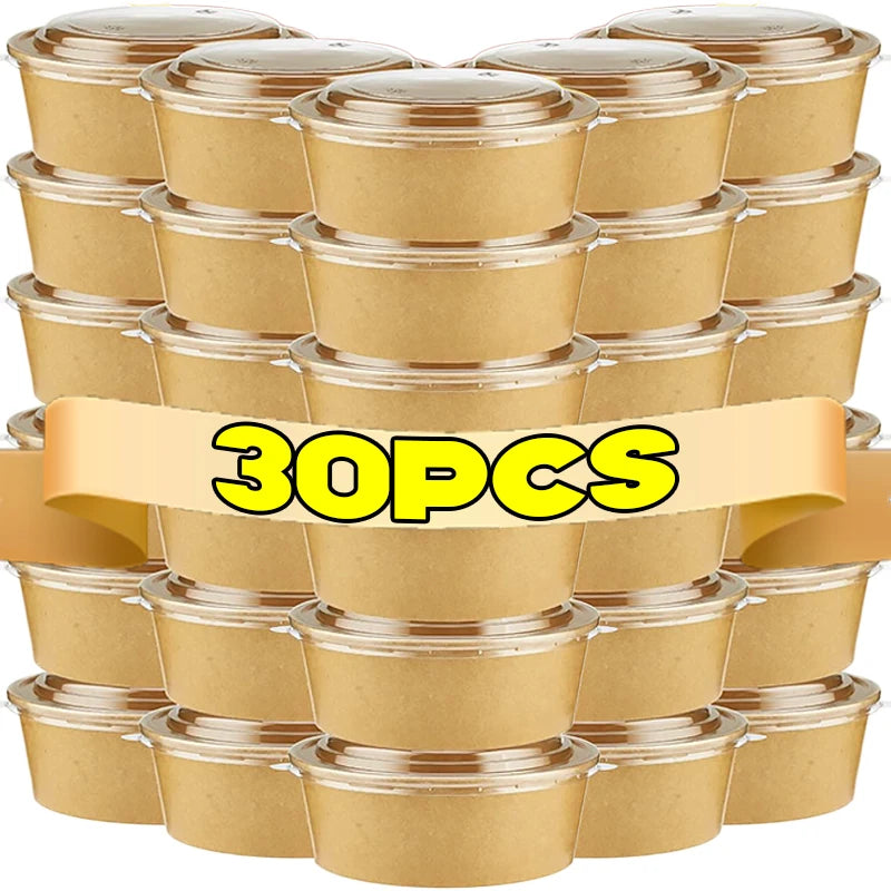 30/10pcs Disposable Kraft Paper Bowls Packaging Boxes with Lids for Hot Soup Salad Noodles Ice Cream Food Containers Lunch Box Christmas