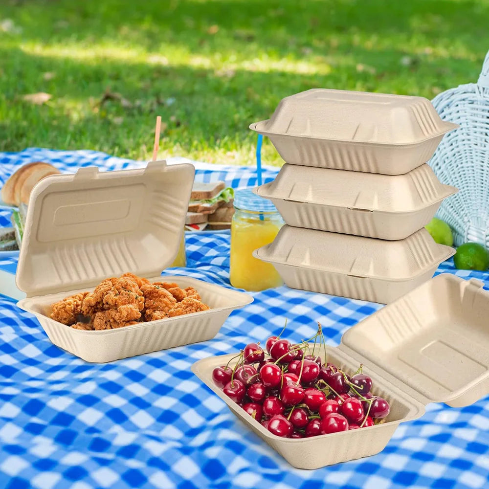 9 x 6 Clamshell Take Out Food Containers Disposable To Go Containers, Compostable To Go Boxes, Biodegradable Food Containers