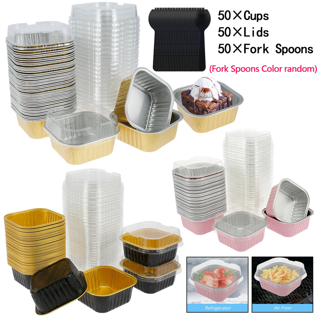 50Pcs Mini Cake Cup Aluminum Foil Cupcake Wrappers Baking Cups Cases Muffin Boxes Non-Stick Pudding Dessert Cups Kitchen Tools