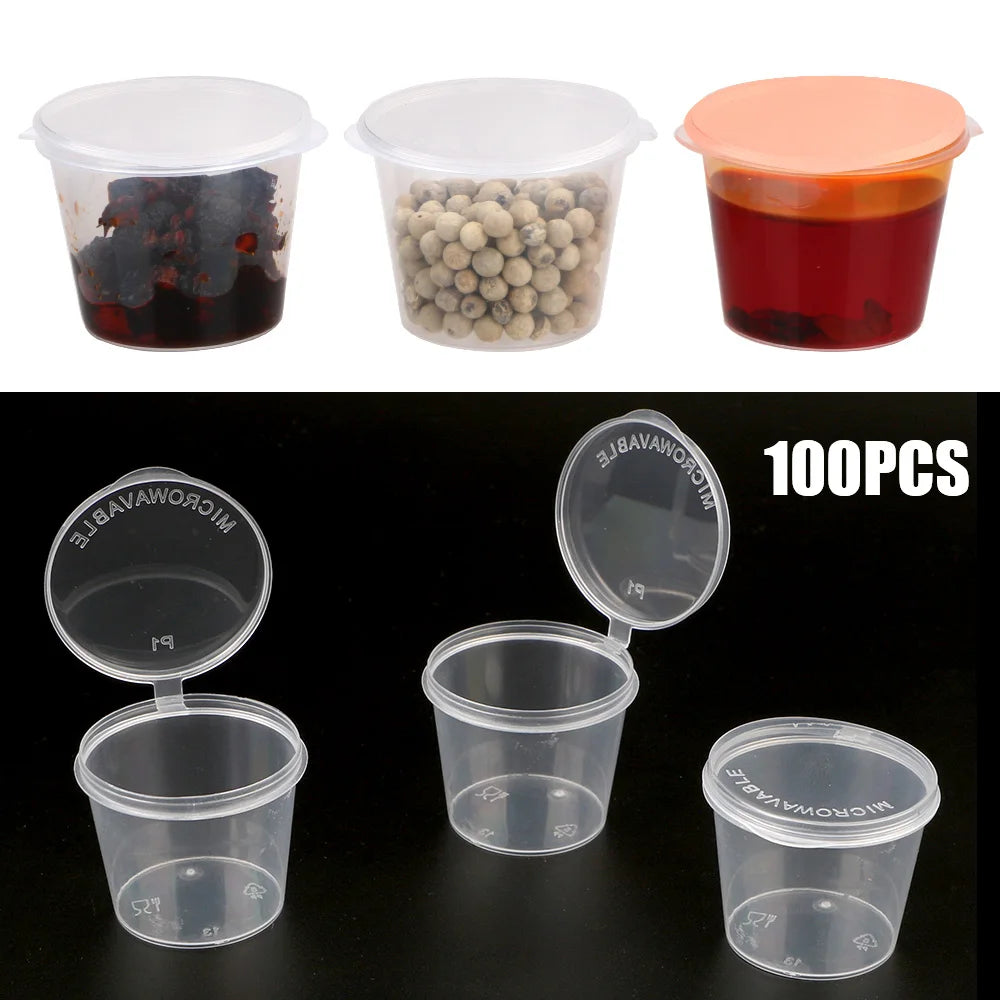 Disposable Sauce Pot 100Pcs Food Small Sauce Container Box Plastic Clear With Lids Kitchen Organizer Chutney Chili Sauce Cups