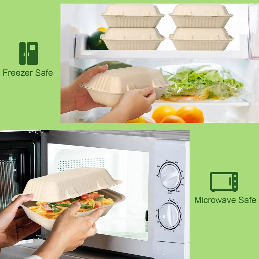 9 x 6 Clamshell Take Out Food Containers Disposable To Go Containers, Compostable To Go Boxes, Biodegradable Food Containers