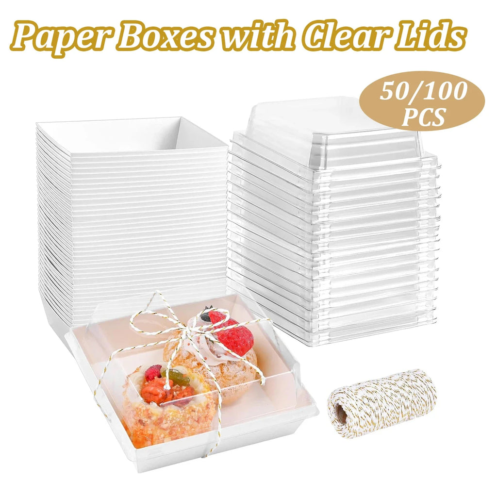 50PCS Paper Charcuterie Boxes with Clear Lids 4 Inches Square White Disposable Sandwich Boxes Dessert To Go Containers